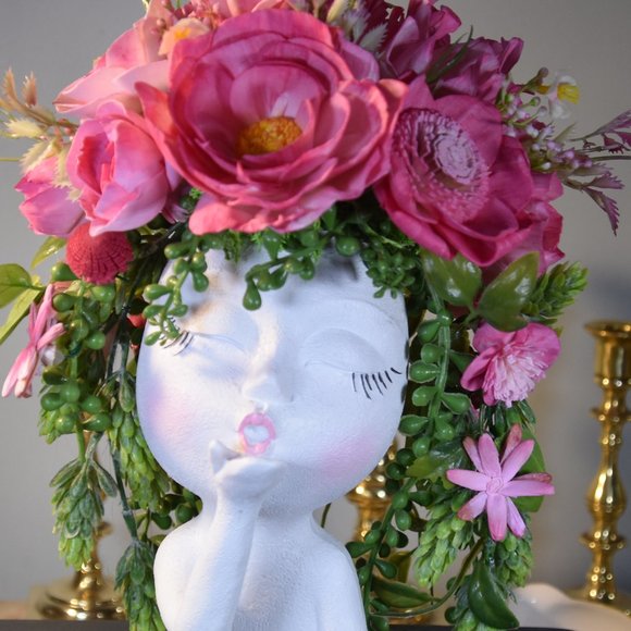 Bright cheerful and fun! Girl blowing kisses planter/vase w/Sola wood flowers - Picture 8 of 9